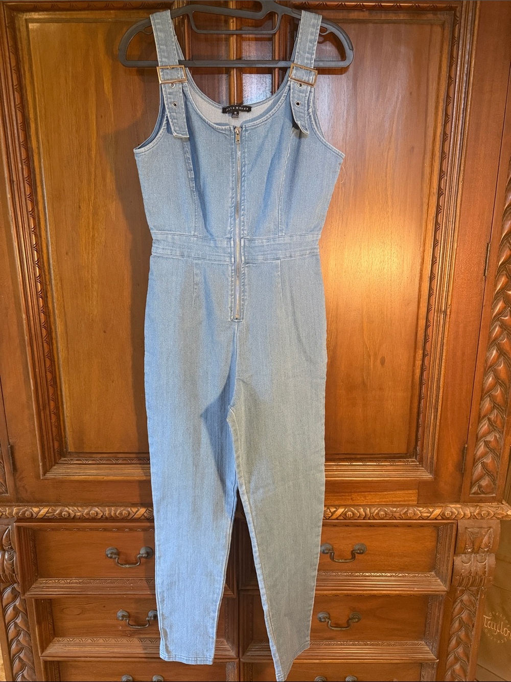 Haute Monde Light Blue Denim Jumpsuit with Front Zip